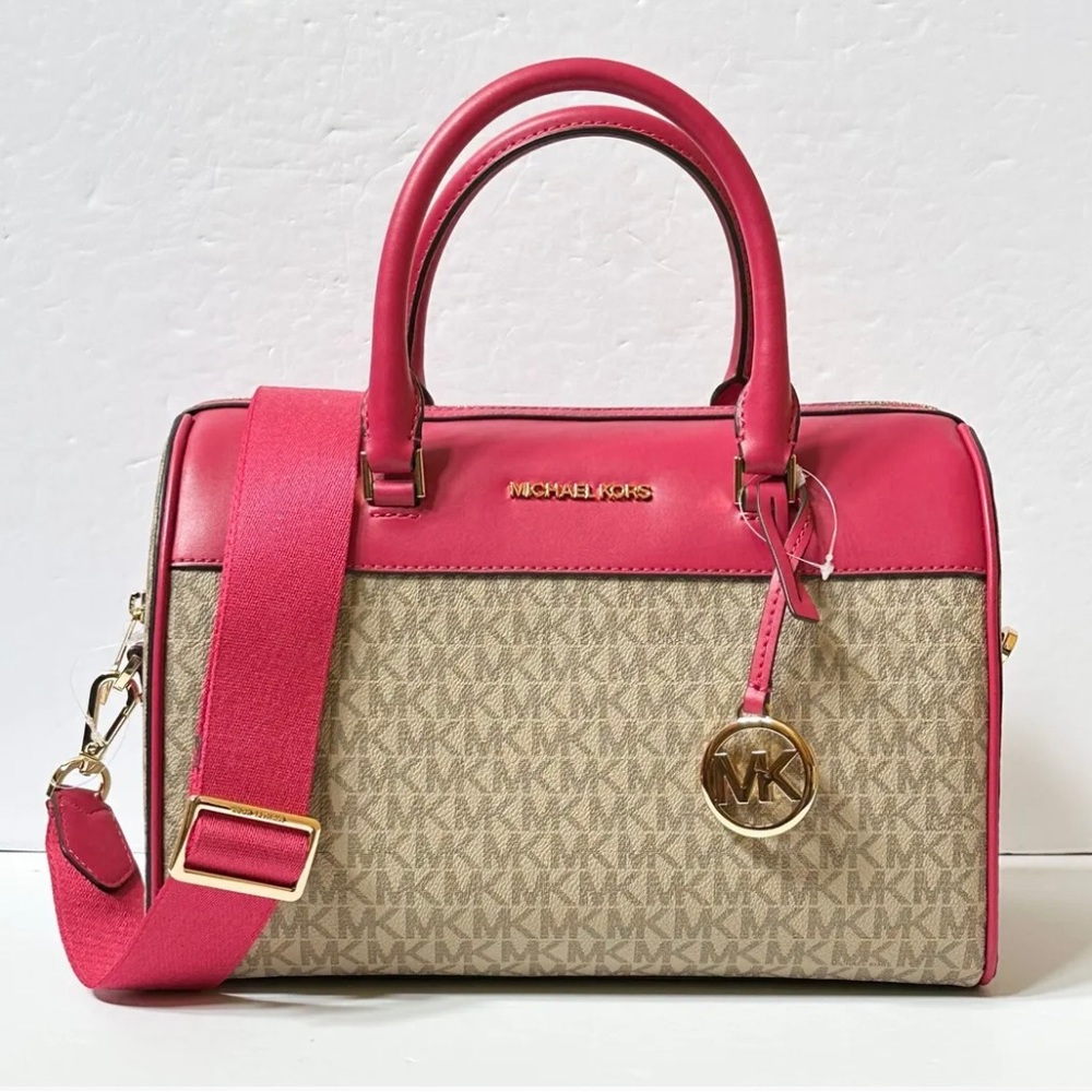 Michael Kors Carmine Pink and logo medium satchel NWT! - Picture 1 of 5